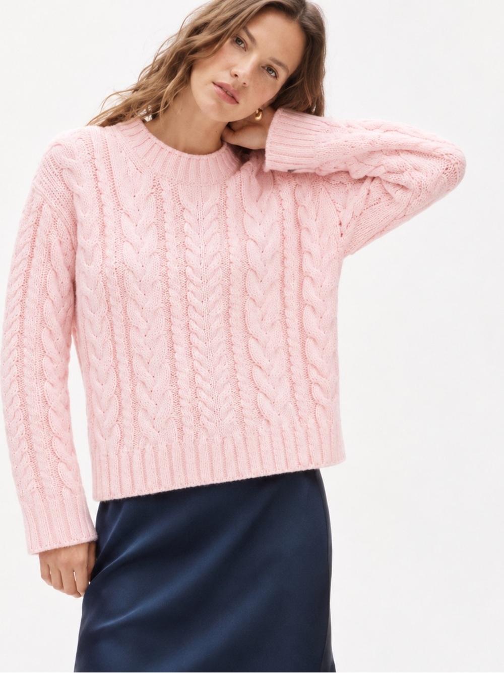 J Crew Cable Knit Crewneck Sweater in Delicate Bloom